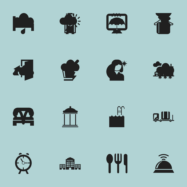 Conjunto de 16 ícones editáveis do hotel. Inclui símbolos como dormir, TV sem fio, saída e muito mais. Pode ser usado para Web, Mobile, UI e design infográfico
. - Vetor, Imagem