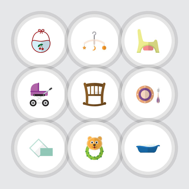 Flat Icon Baby Set Of Bathtub, Rattle, Toilet And Other Vector Objects. Also Includes Potty, Rattle, Crib Elements. - Vector, Image