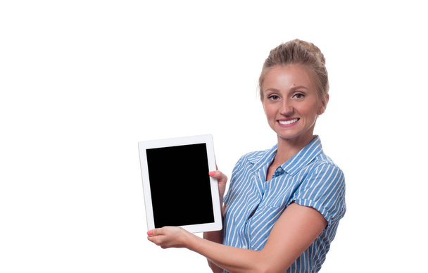 Business woman using digital tablet computer on white background. - Foto, Bild