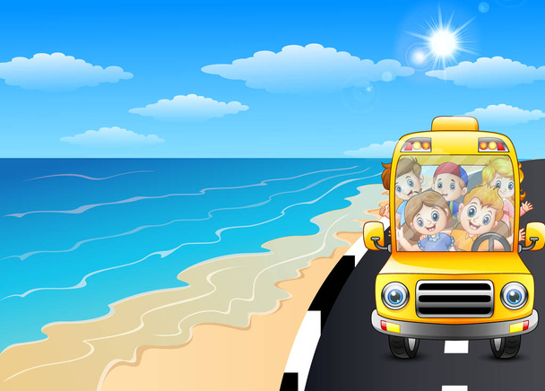 Счастливые дети едут на машине по дороге к морю
 - Вектор,изображение