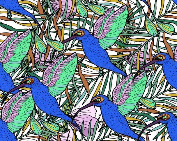 Tropisches Muster. nahtloser Hintergrund mit Palmblättern, Brummen - Vektor, Bild