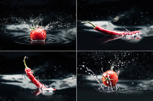 tomatoes and peppers falling in water - Foto, immagini
