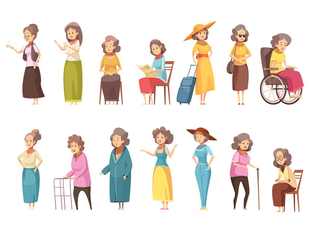 Idősebb nők rajzfilm ikonok beállítása - Vektor, kép