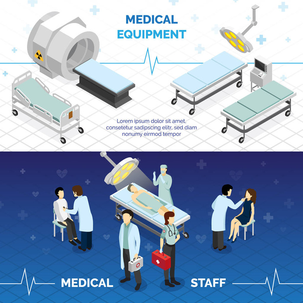Ιατρικά μηχανήματα και ιατρικό προσωπικό οριζόντια πανό  - Διάνυσμα, εικόνα