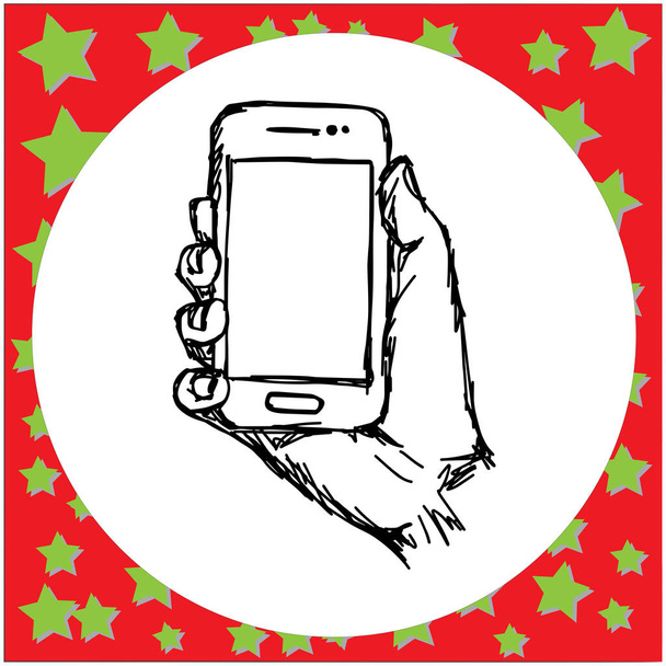 Векторный рисунок руки с черными линиями руки человека, держащего смартфон, изолированный на белом фоне
 - Вектор,изображение