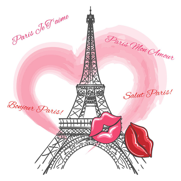 Eiffel tower, heart and lips poster - Вектор,изображение