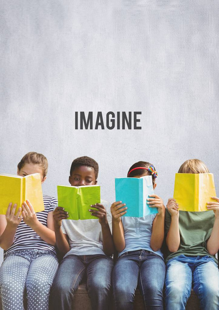 Group of children reading books in front of Imagine text - Foto, Imagem
