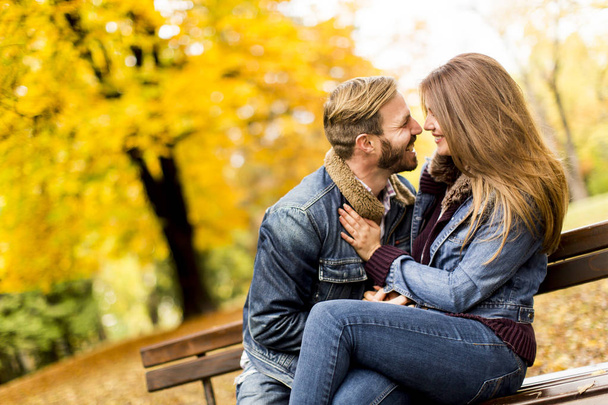秋の公園でカップルを愛する若い - 写真・画像
