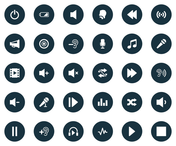 Conjunto de ilustración vectorial de iconos de audio simples. Elementos Más, Altavoz, Silencio y Otros Sinónimos Silencioso, Comando y Escucha
. - Vector, imagen