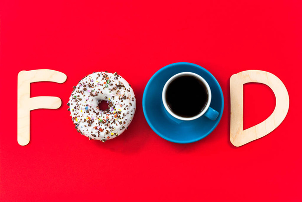 Donut en koffie voedsel tekst - Foto, afbeelding