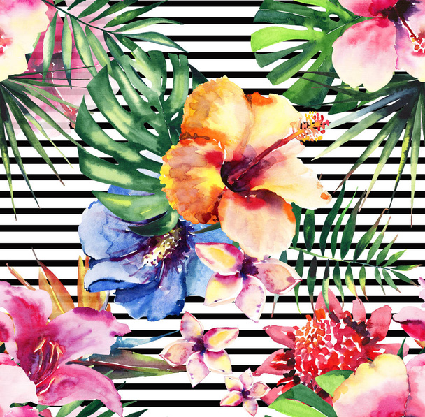 Bright lovely sophisticated wonderful tender colorful tropical hawaii floral herbal summer tropical flowers hibiscus orchids and green palms leaves on black lines background watercolor hand sketch - Photo, Image