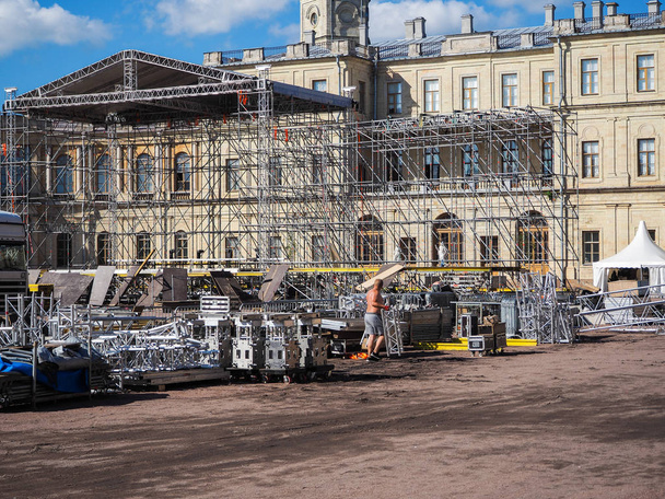 Installation of the concert stage in the town square. The dismantling of the stage after the concert. Aluminum construction closeup. Russia. Gatchina Palace. - Photo, Image