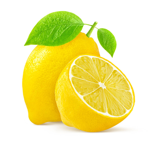 Lemon with leaves on white background - Фото, изображение