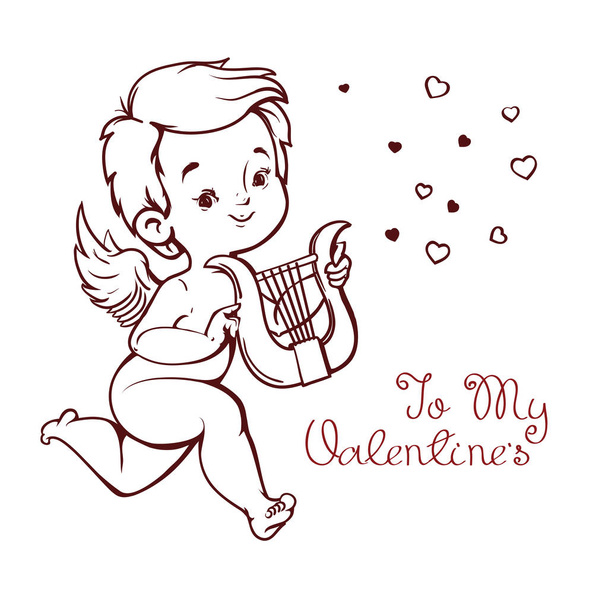 Cupido tocando música em hurp para corações voadores. Diversão saudação lette
 - Vetor, Imagem