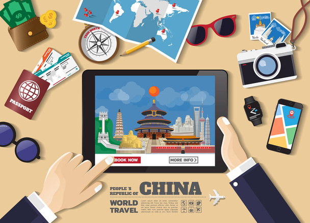 Χέρι που κρατά το smart tablet κράτηση ταξιδιωτικών destination.china famou - Διάνυσμα, εικόνα