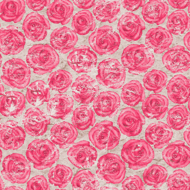 Seamless pattern with pink roses on old paper background. - Φωτογραφία, εικόνα