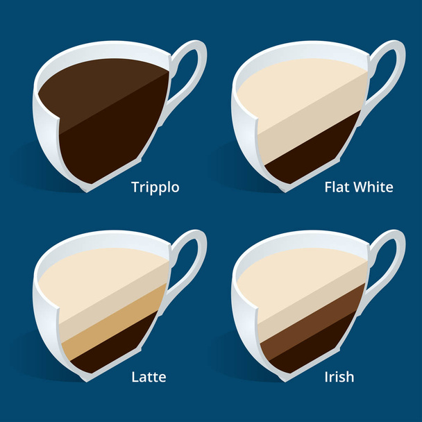 Four isometric cups of coffee in a cut Tripplo, Flat White, Latte, Irish. Coffee collection isolated on blue. Perfect for menu. Different coffee drinks. - Вектор, зображення