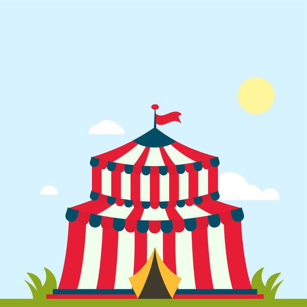 Cirkuszi show szórakozás sátor sátor sátor szabadtéri fesztivál csíkok és zászlók elszigetelt karnevál jelek - Vektor, kép