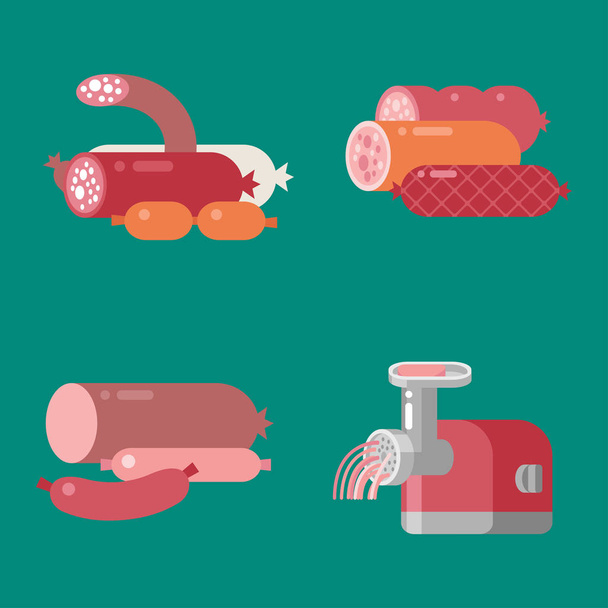 Meat products ingredient and rustic elements preparation equipment food flat vector illustration. - Vector, Image