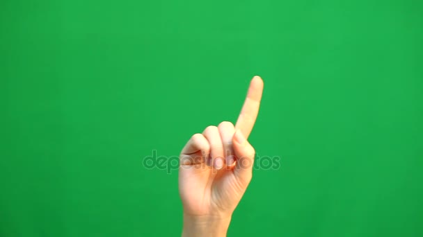 Gestos de mão. Ecrã sensível ao toque. Mão feminina mostrando gestos multitoque em tela verde
 - Filmagem, Vídeo