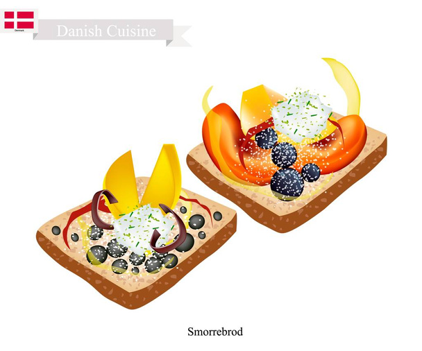 Smorrebrod με φρέσκα φρούτα, το εθνικό πιάτο της Δανίας - Διάνυσμα, εικόνα