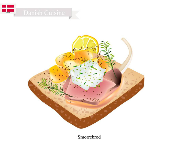 Smorrebrod με ψητό αρνί, το εθνικό πιάτο της Δανίας - Διάνυσμα, εικόνα