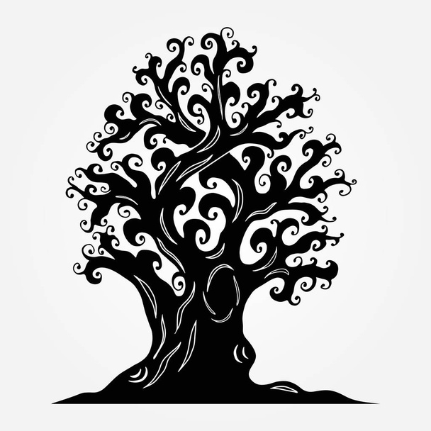 Old tree with crimped branches, a hollow, knotty roots. Tattoos, doodling style. - Vector, Imagen