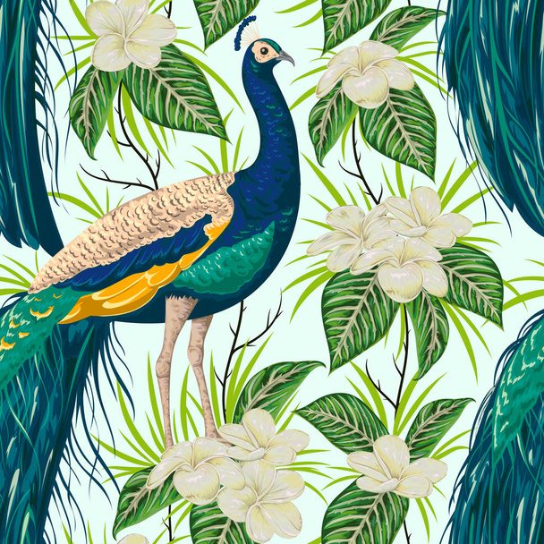 Seamless pattern with peacock, flowers and leaves. Vintage hand drawn vector illustration in watercolor style - Vector, Image
