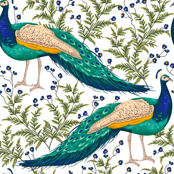 Tavus kuşu, çiçek ve yaprakları seamless modeli. Suluboya tarzında vintage elle çizilmiş vektör çizim - Vektör, Görsel