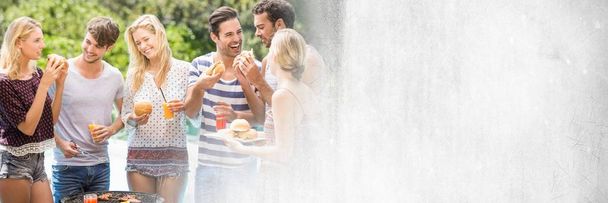 Millennials laughing at bbq and white grunge transition - Photo, Image