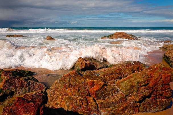 Grote rotsformaties op zandstrand strand van Port Macquarie, Australië - Foto, afbeelding