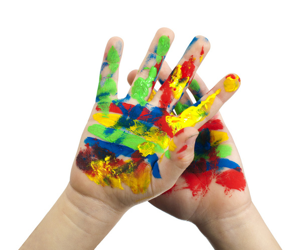 Boy hands painted with colorful paint - 写真・画像