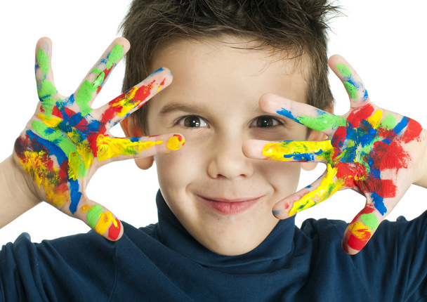 Boy hands painted with colorful paint - Foto, Imagen