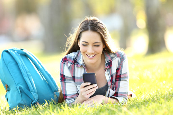 Happy student texting on a mobile phone - Foto, afbeelding