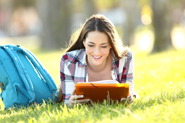 Student girl learning reading notes in a campus - Foto, Imagem
