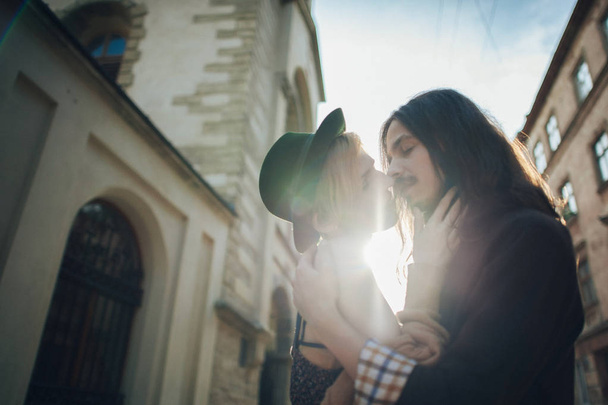 couple in love kissing on old street  - 写真・画像