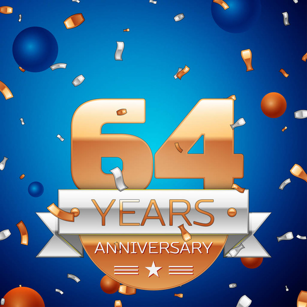 現実的な 60 4 年周年記念お祝いデザイン。ゴールデン番号とシルバー リボン、青の背景に紙吹雪。あなたの誕生日パーティーのためのカラフルなベクトル テンプレート要素 - ベクター画像
