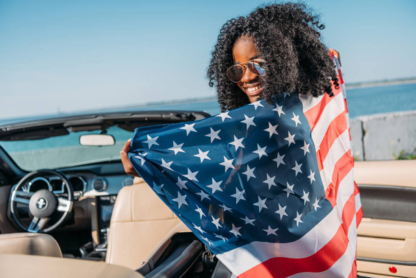 african american woman with american flag - Φωτογραφία, εικόνα