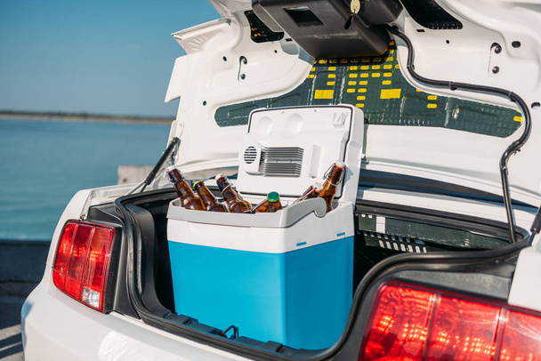 tragbarer Kühlschrank mit Bier im Auto - Foto, Bild