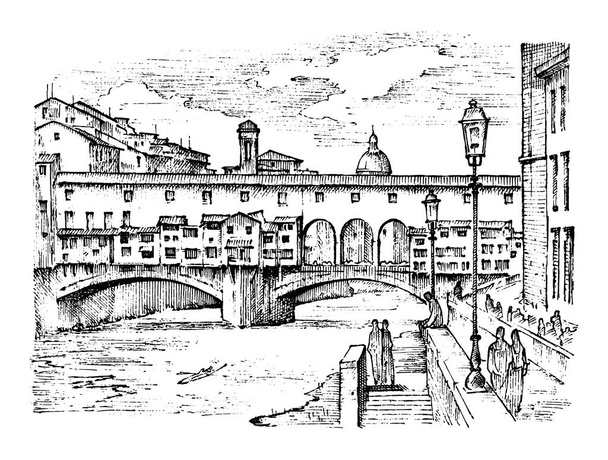 τοπίο σε ευρωπαϊκή πόλη Φλωρεντία στην Ιταλία. χαραγμένο χέρι σε παλιό σκίτσο και vintage στυλ. ιστορική αρχιτεκτονική με κτίρια, προβολή προοπτικής. Ταξιδιωτικά καρτ ποστάλ. Γέφυρα Ponte Vecchio. - Διάνυσμα, εικόνα