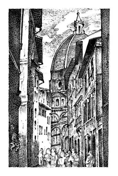 landscape in European town Florence in Italy . engraved hand drawn in old sketch and vintage style. historical architecture with buildings, perspective view. Travel postcard. Santa Maria del Fiore. - Vector, Image