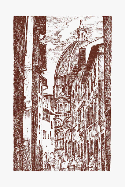 ヨーロッパ都市イタリアのフィレンツェを風景します。刻まれた手の古いスケッチとビンテージ スタイルで描画されます。分析観点ビューの建物と歴史的建造物。旅行のはがき。サンタ マリア デル フィオーレ. - ベクター画像