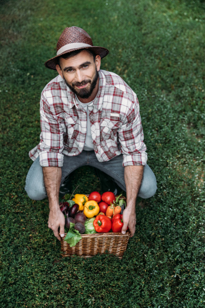Landwirt hält Korb mit Gemüse - Foto, Bild
