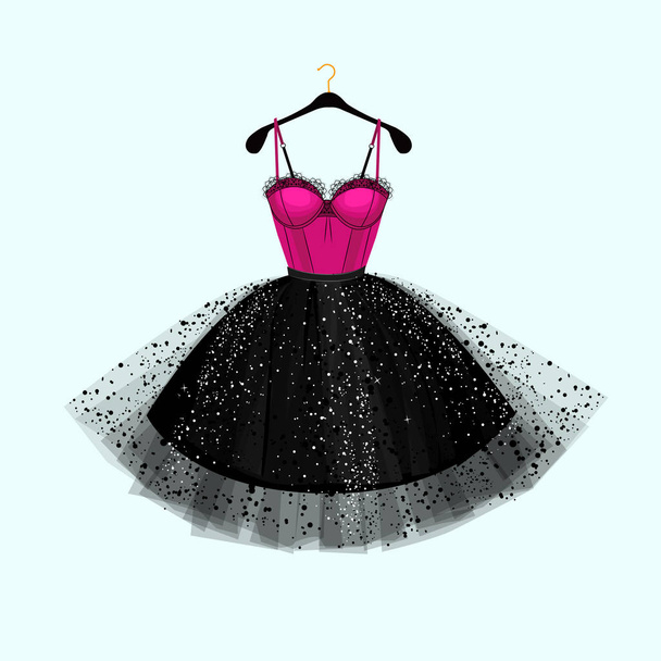 Vector fashion illustration. Dress for special event. Pink and black dress. - Vector, Image