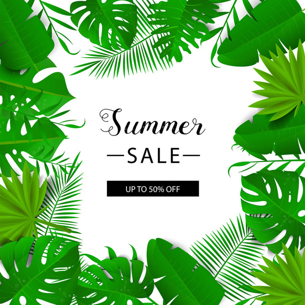 Summer sale banner. Tropical leaves. Vector illustration. Summer banner with 3d hawaiian leaf. Floral banner. - Vektör, Görsel