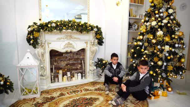 Due bei bambini e fratello chiacchierare e posare sulla macchina fotografica seduto sotto l'albero di Natale in soggiorno, decorato per le vacanze con camino e abete alto
. - Filmati, video