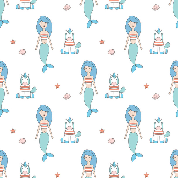 Mermaid and little unicorn seamless vector pattern - ベクター画像