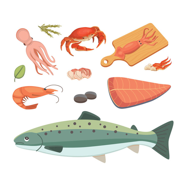 Vector Seafood illustrations set flat fresh fish and crab. Lobster and oyster, shrimp and menu, octopus animal, shellfish lemon. - Vektor, Bild