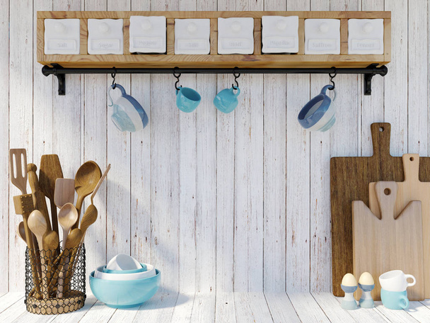 Keukengerei op witte houten achtergrond met kopie ruimte voor bespotten, 3D-rendering - Foto, afbeelding
