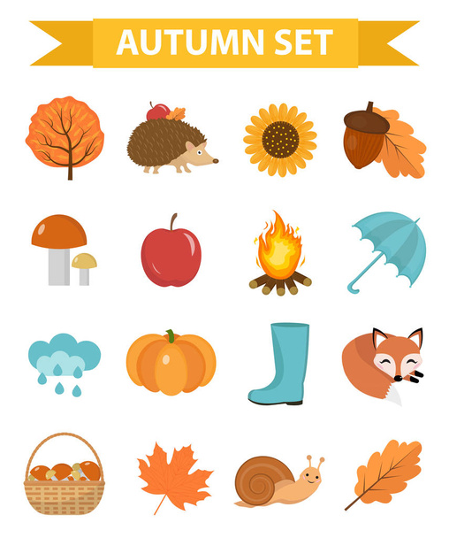 Autumn icons set flat or cartoon style.Collection design elements with yellow leaves, trees, mushrooms, pumpkin, wild animals, umbrella and boots. Isolated on white background. Vector illustration. - Vetor, Imagem